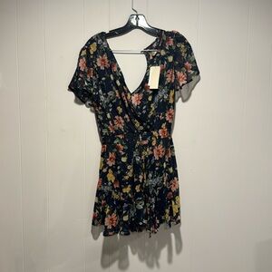 Nordstrom Rowa Romper Womens XS Floral Navy Plunge V Faux Wrap Tie Neck |